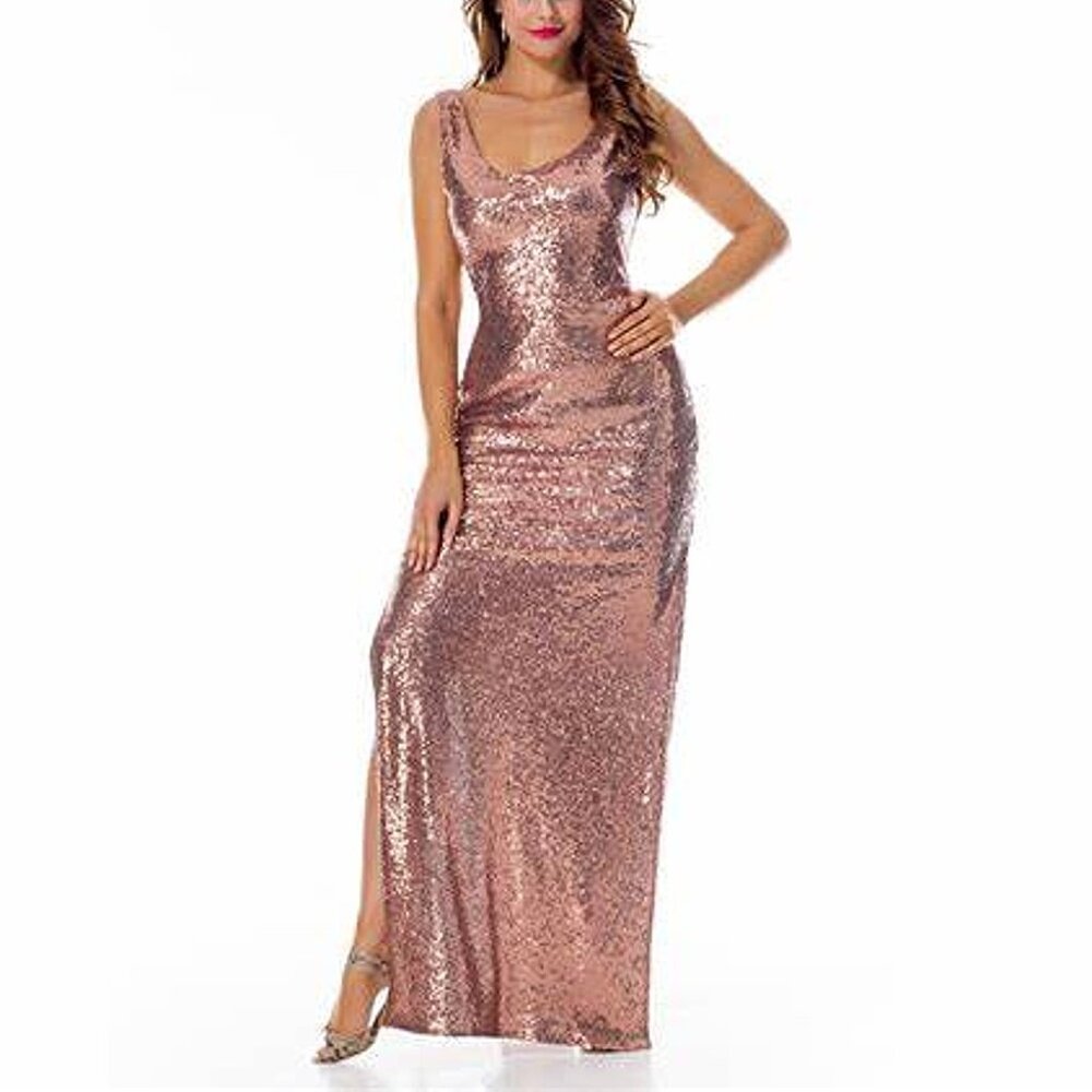 Sides Slit Low Neck Sleeveless Sparkling Rose Sequin Maxi Dress Evening Gown M